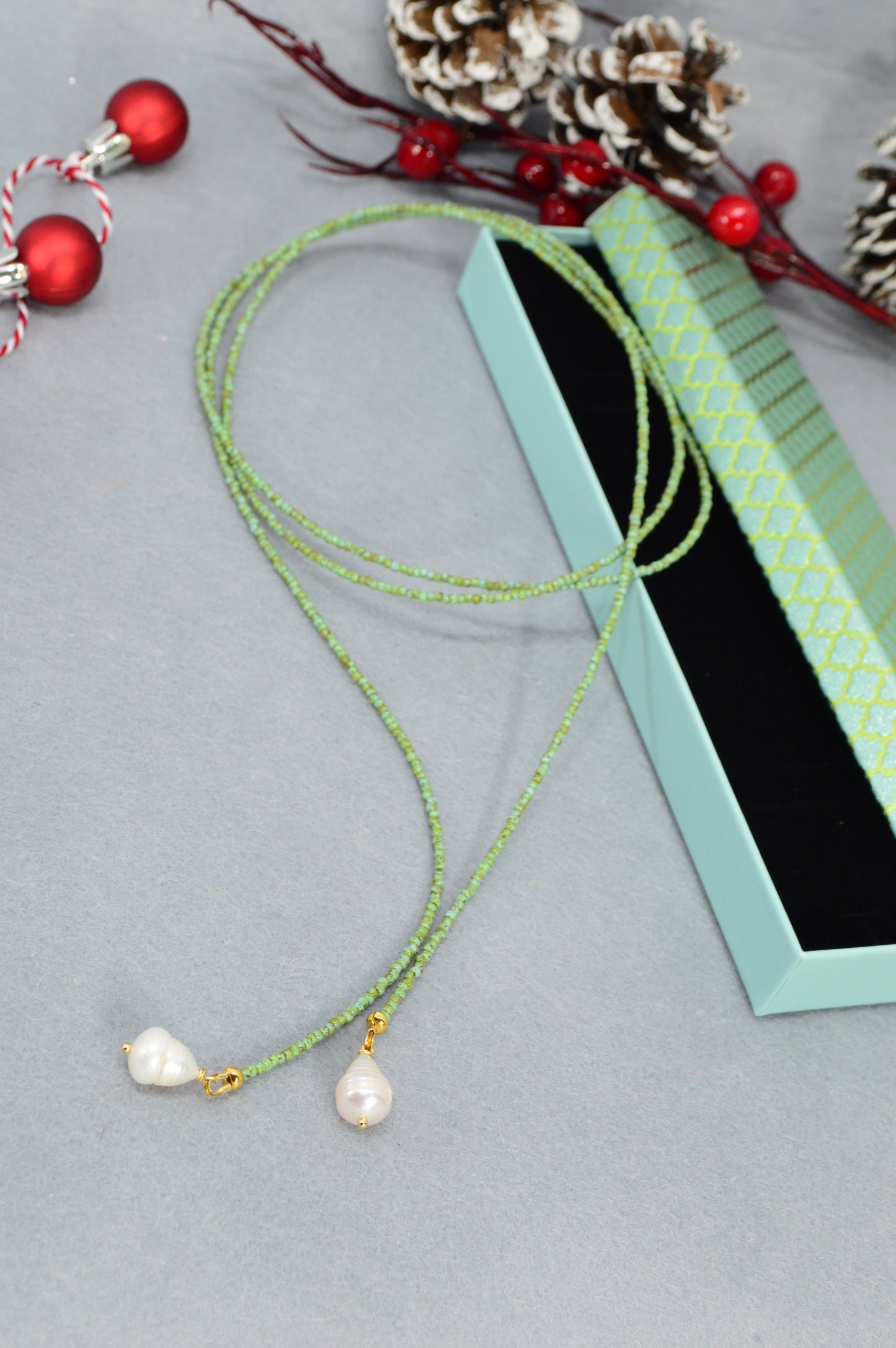 Boho Earthy & Green Beaded Lariat Necklaces – Handmade Wrap Y Necklace with Freshwater Pearls – Picasso Green, Moss, Gold, Transparent Gold, Earth Brown, Turquoise Picasso, Peach
