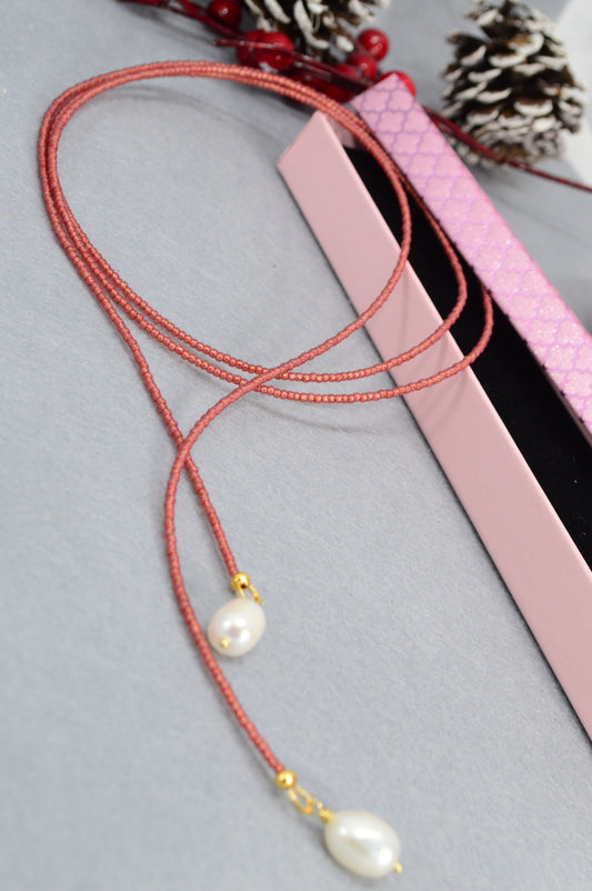 Boho Colorful Beaded Lariat Necklaces – Handmade Wrap Y Necklace with Freshwater Pearls – Blue, Lavender, Purple, Brick Red, Coral