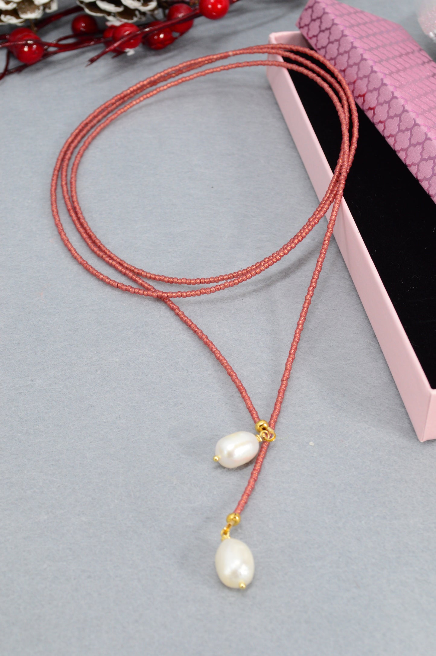 Boho Colorful Beaded Lariat Necklaces – Handmade Wrap Y Necklace with Freshwater Pearls – Blue, Lavender, Purple, Brick Red, Coral
