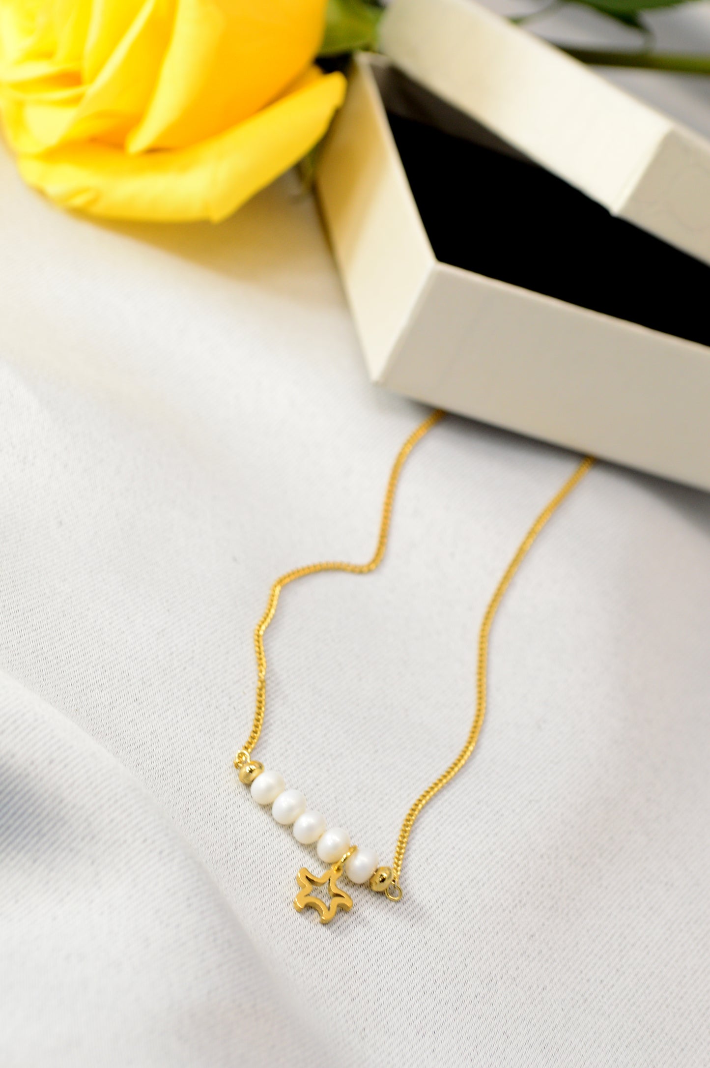Freshwater Pearl Necklace – Minimal Bar Pendant with Gold Charm on Stainless Steel Chain