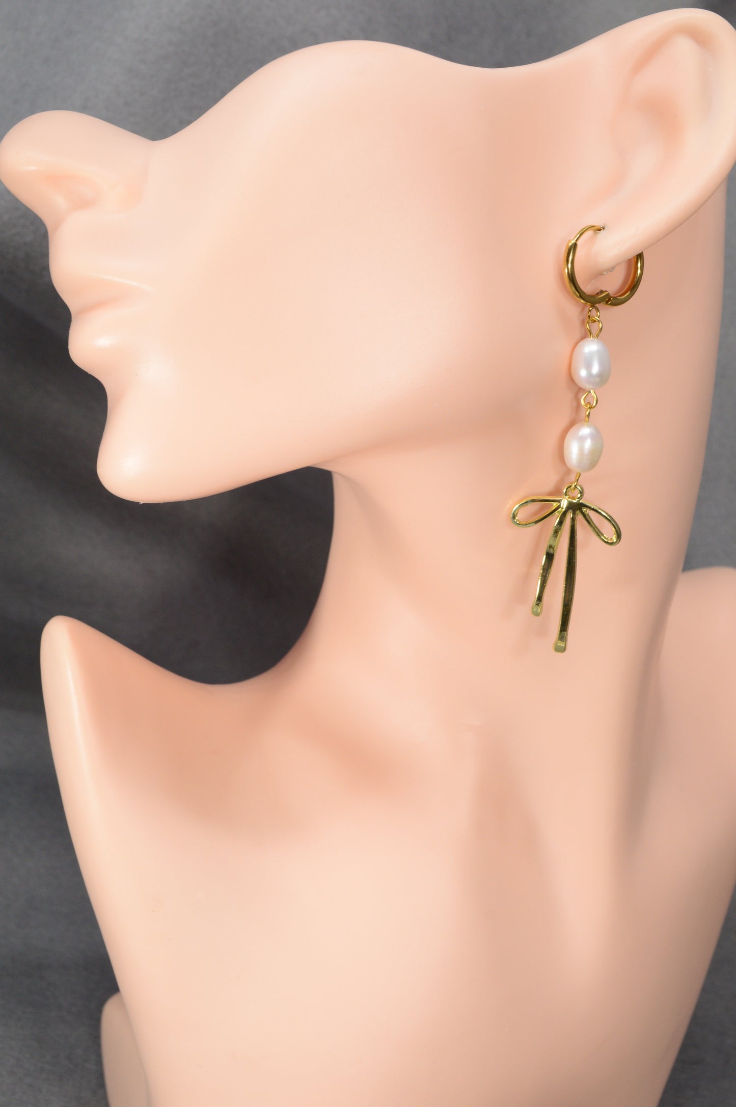 Gold Pearl Ribbon Drop Earrings – Freshwater Pearl Dangle, Elegant Bow Design, 3"