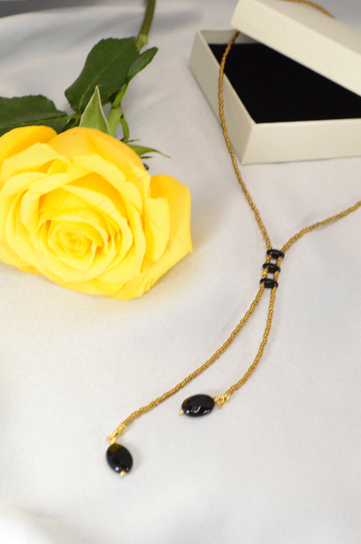 Onyx Y Lariat Necklace – Black Onyx Drops on Gold Seed Bead Chain