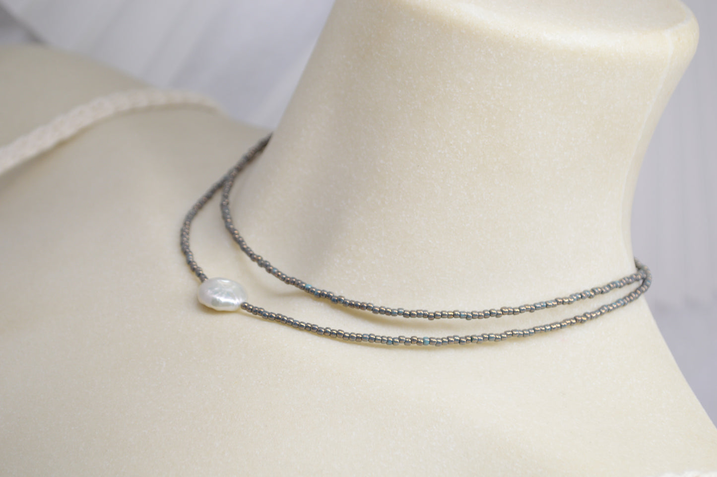 Blue Grey Seed Bead Choker with Freshwater Pearl – Double Strand Minimalist Necklace