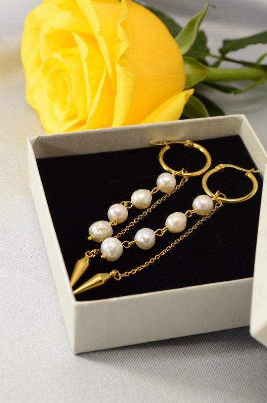 Baroque Pearl Drop Hoop Earrings – Silver & Gold Variants 10cm 4"