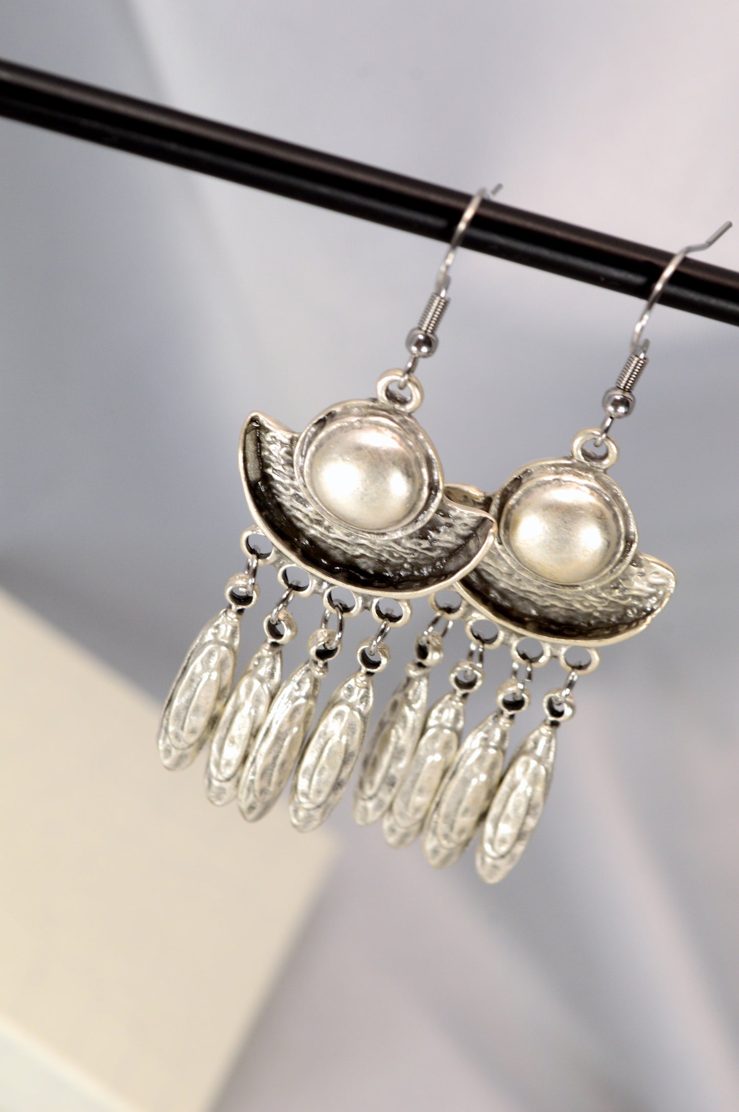 Boho Crescent Dangle Earrings in Silver & Bronze – 7.5 cm / 3"