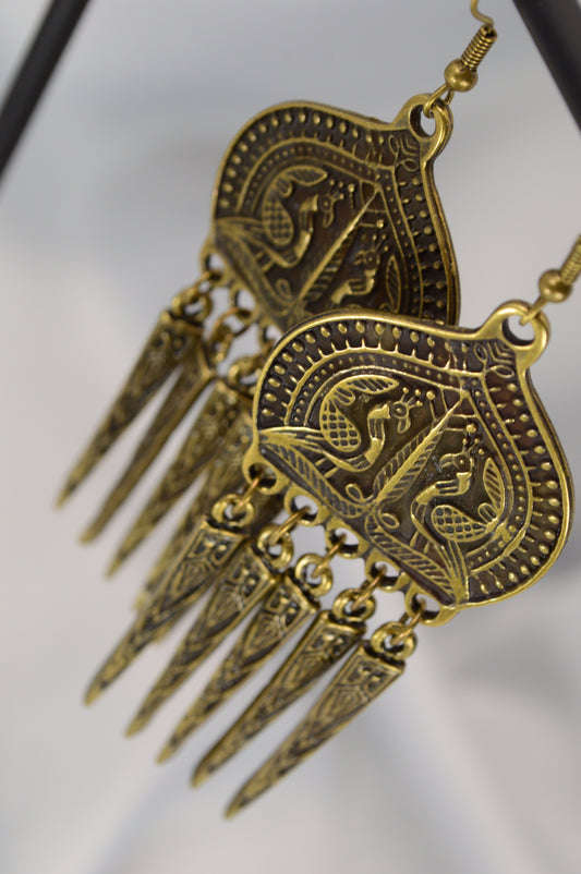 Boho Ethnic Peacock Dangle Earrings – Bronze – 9 cm / 3.5"