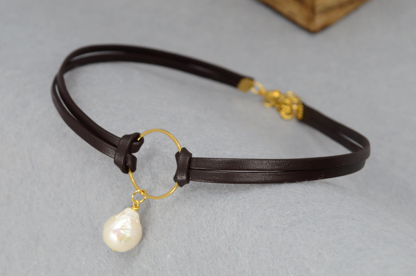 Boho Leather Choker Necklace – Gold Accents & Charms – Moon, Pearl, Citrine, Chili, Compass