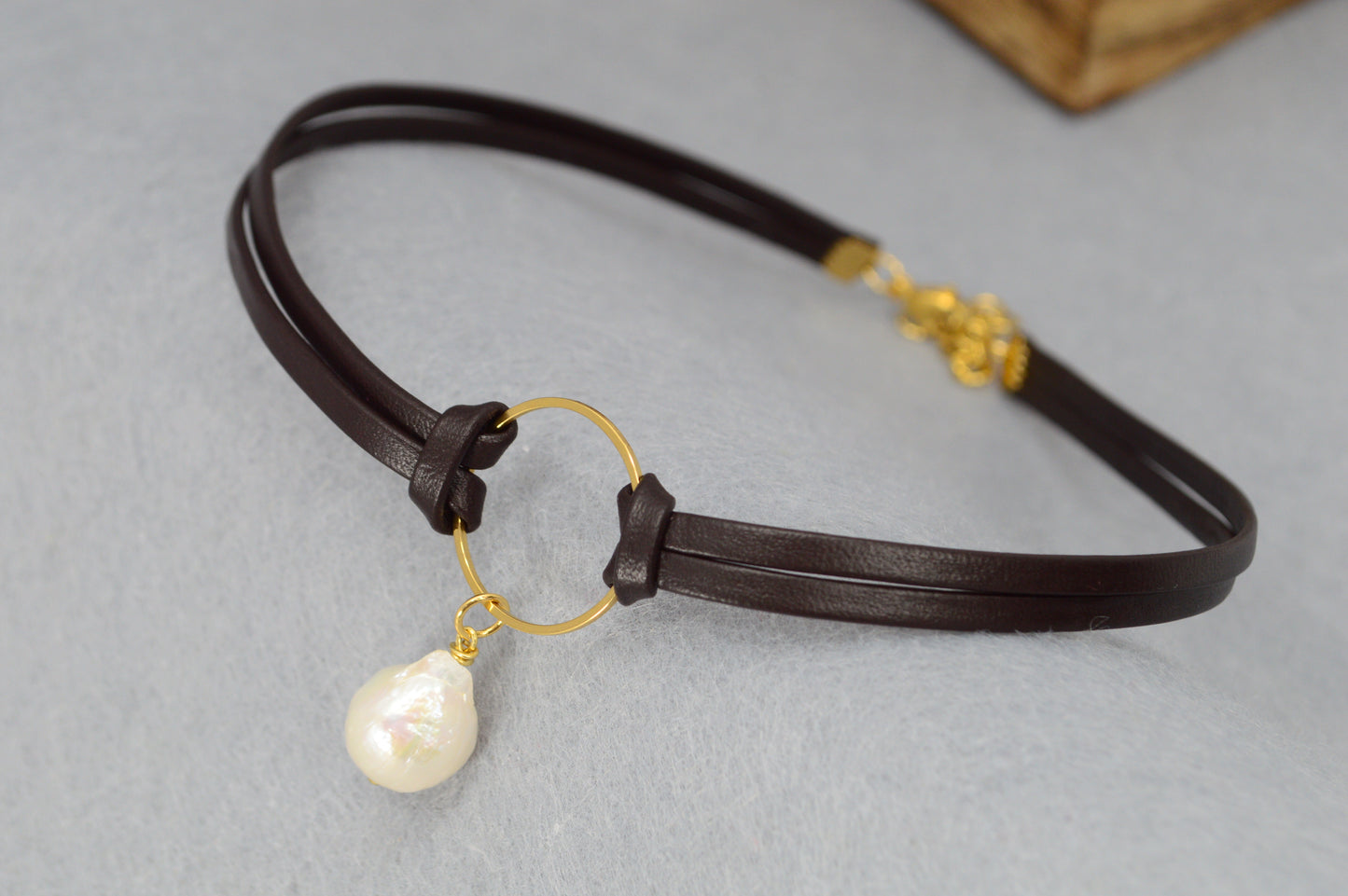 Boho Leather Choker Necklace – Gold Accents & Charms – Moon, Pearl, Citrine, Chili, Compass