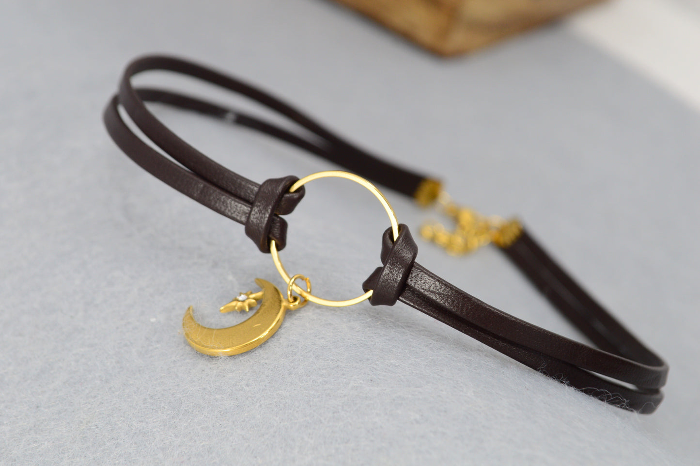 Boho Leather Choker Necklace – Gold Accents & Charms – Moon, Pearl, Citrine, Chili, Compass