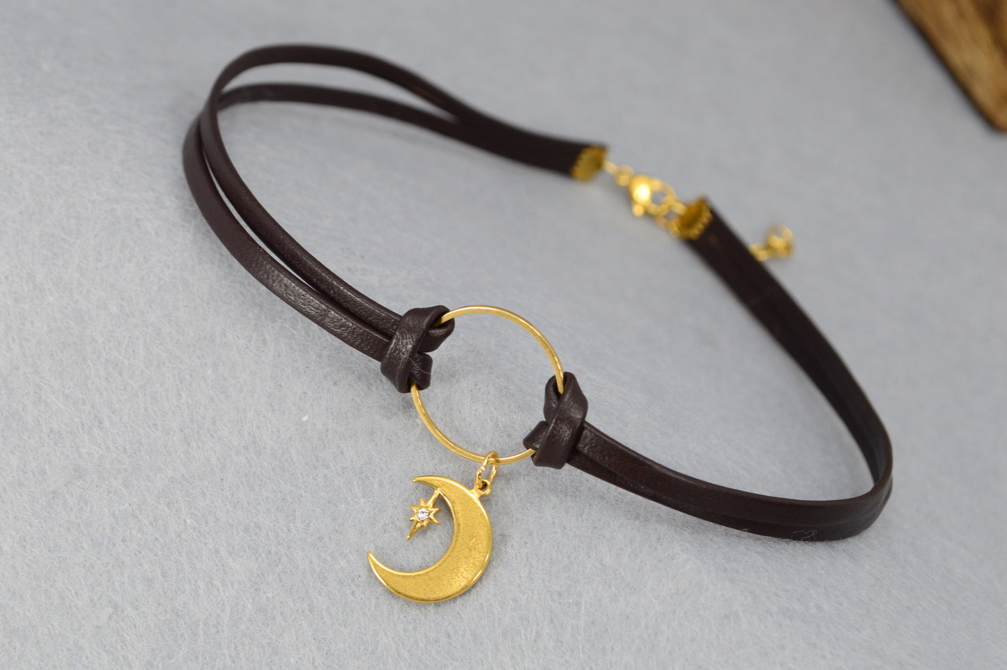 Boho Leather Choker Necklace – Gold Accents & Charms – Moon, Pearl, Citrine, Chili, Compass