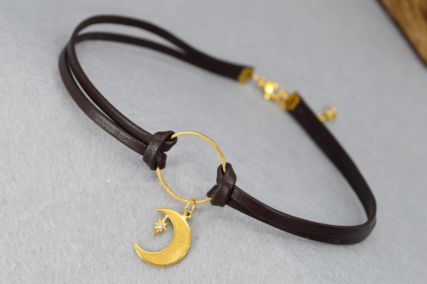 Boho Leather Choker Necklace – Gold Accents & Charms – Moon, Pearl, Citrine, Chili, Compass