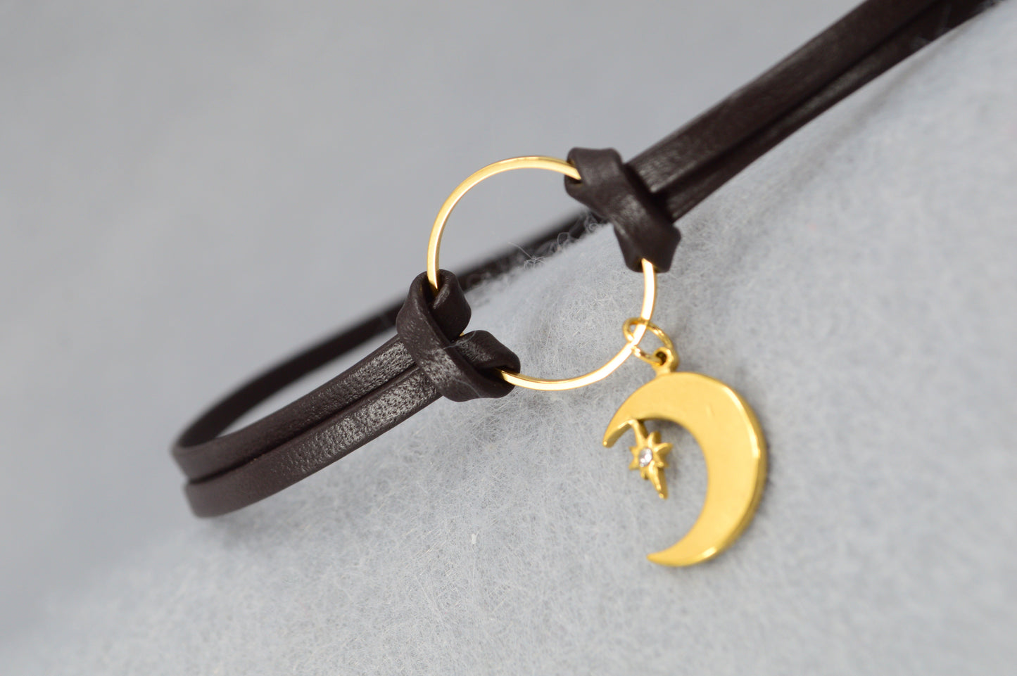 Boho Leather Choker Necklace – Gold Accents & Charms – Moon, Pearl, Citrine, Chili, Compass