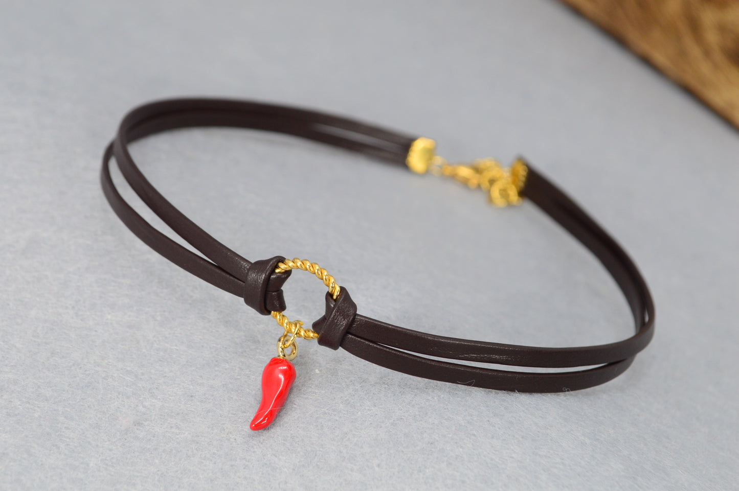 Boho Leather Choker Necklace – Gold Accents & Charms – Moon, Pearl, Citrine, Chili, Compass