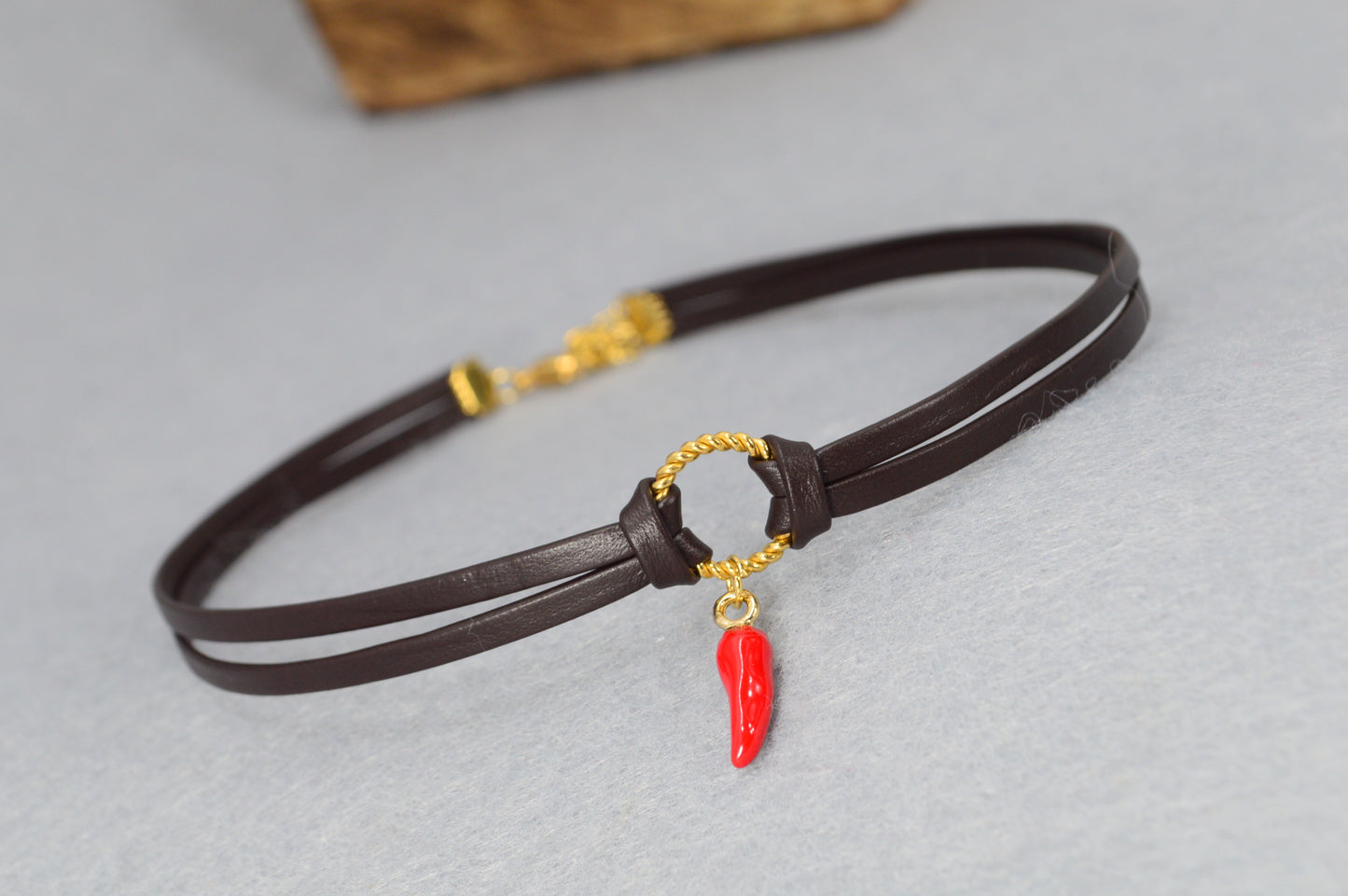 Boho Leather Choker Necklace – Gold Accents & Charms – Moon, Pearl, Citrine, Chili, Compass