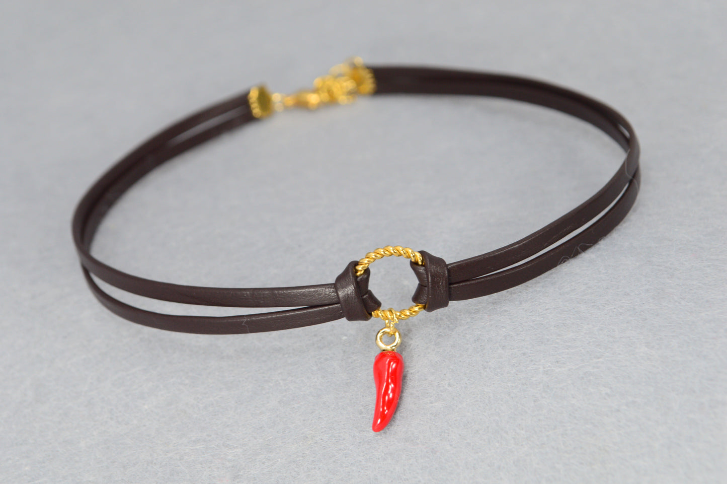 Boho Leather Choker Necklace – Gold Accents & Charms – Moon, Pearl, Citrine, Chili, Compass
