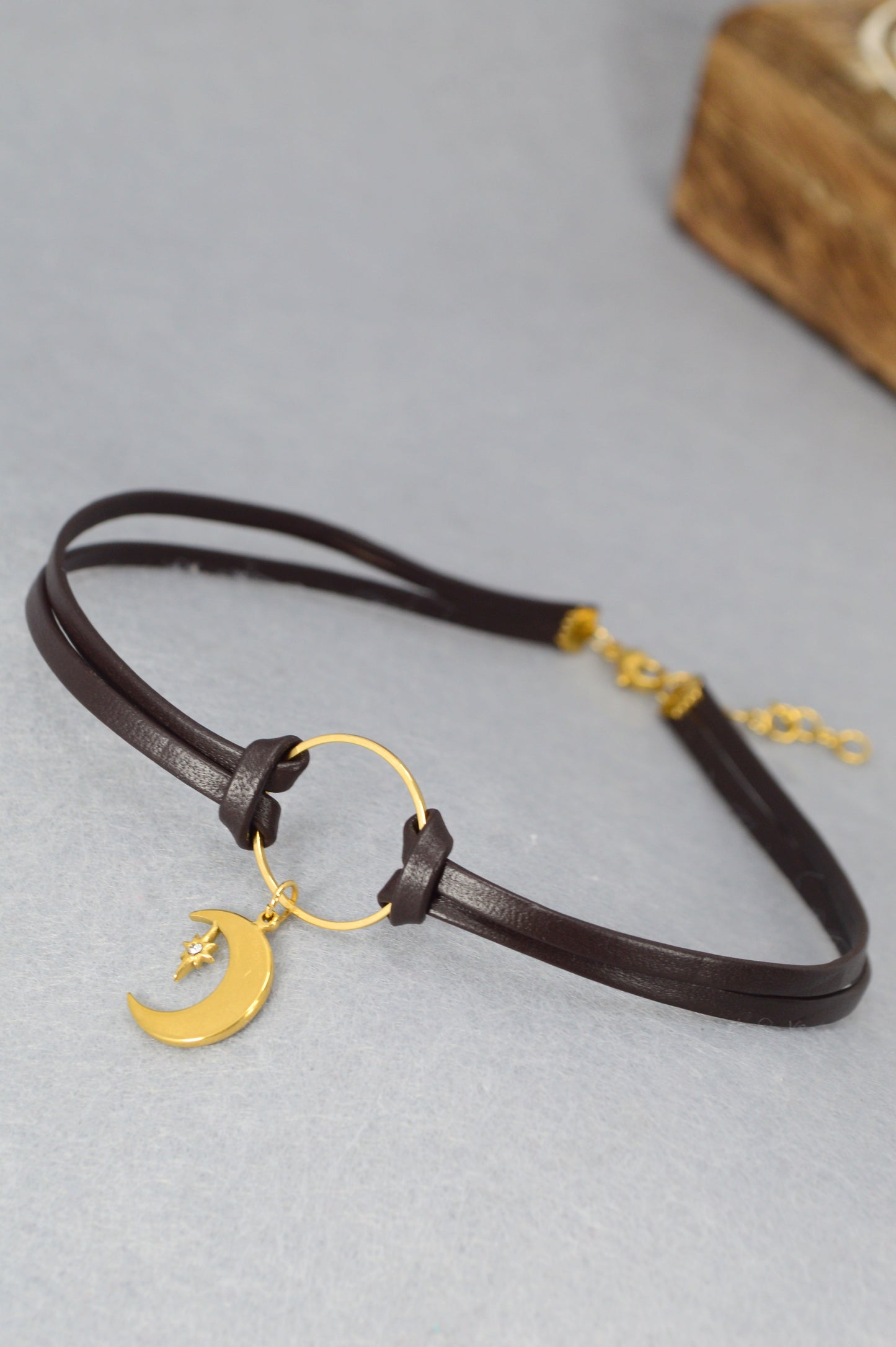 Boho Leather Choker Necklace – Gold Accents & Charms – Moon, Pearl, Citrine, Chili, Compass