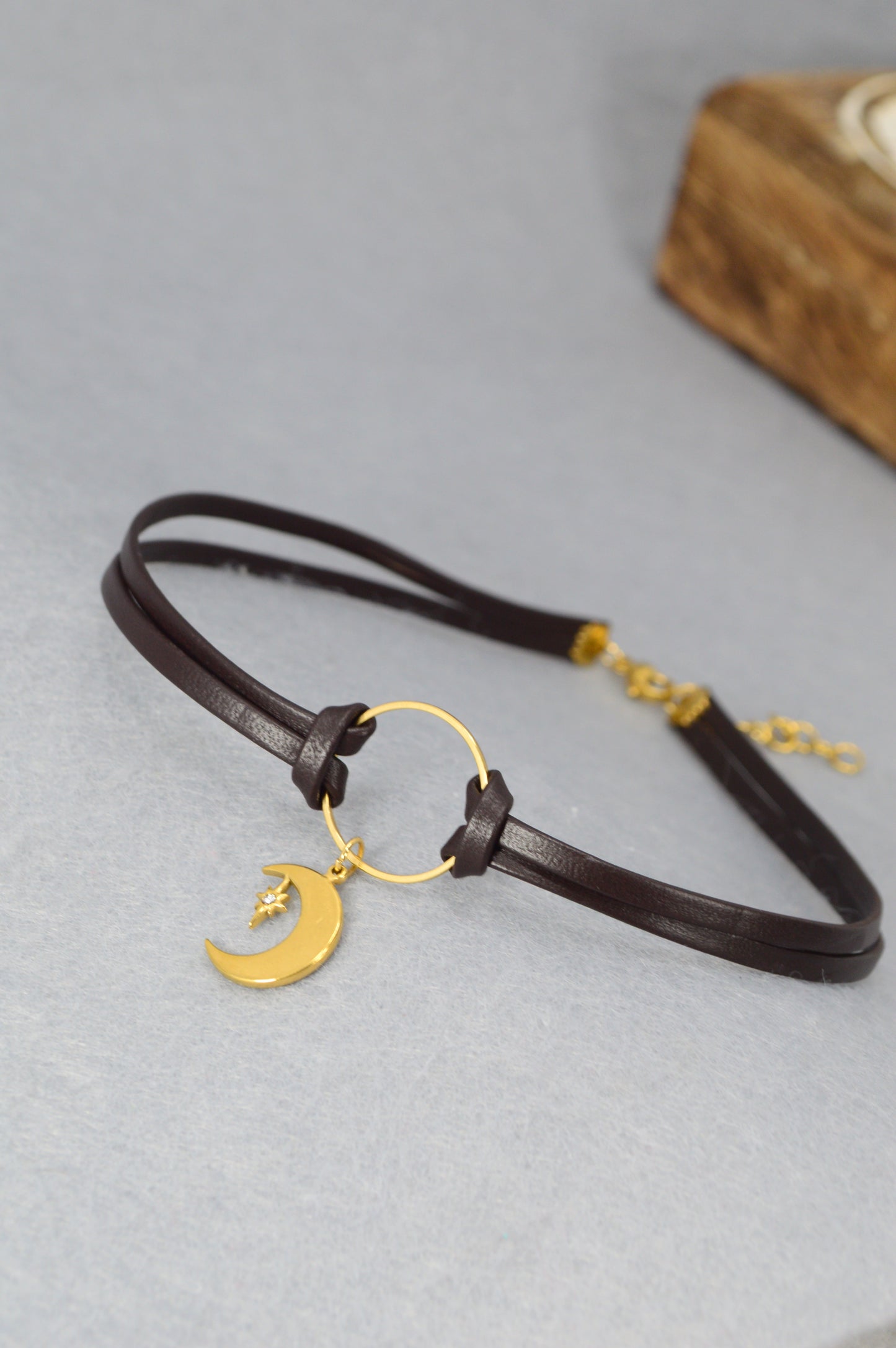 Boho Leather Choker Necklace – Gold Accents & Charms – Moon, Pearl, Citrine, Chili, Compass