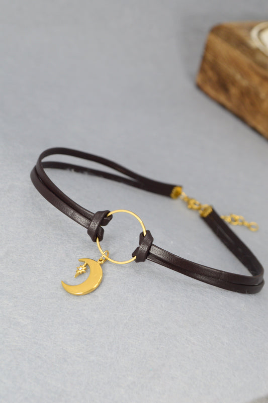 Boho Leather Choker Necklace – Gold Accents & Charms – Moon, Pearl, Citrine, Chili, Compass