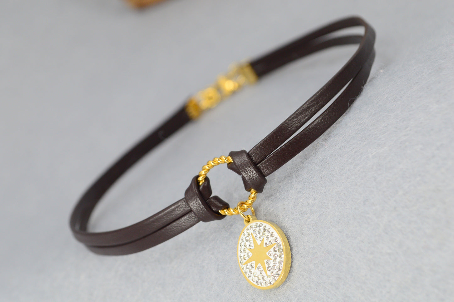 Boho Leather Choker Necklace – Gold Accents & Charms – Moon, Pearl, Citrine, Chili, Compass