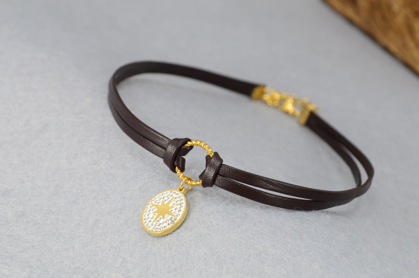Boho Leather Choker Necklace – Gold Accents & Charms – Moon, Pearl, Citrine, Chili, Compass