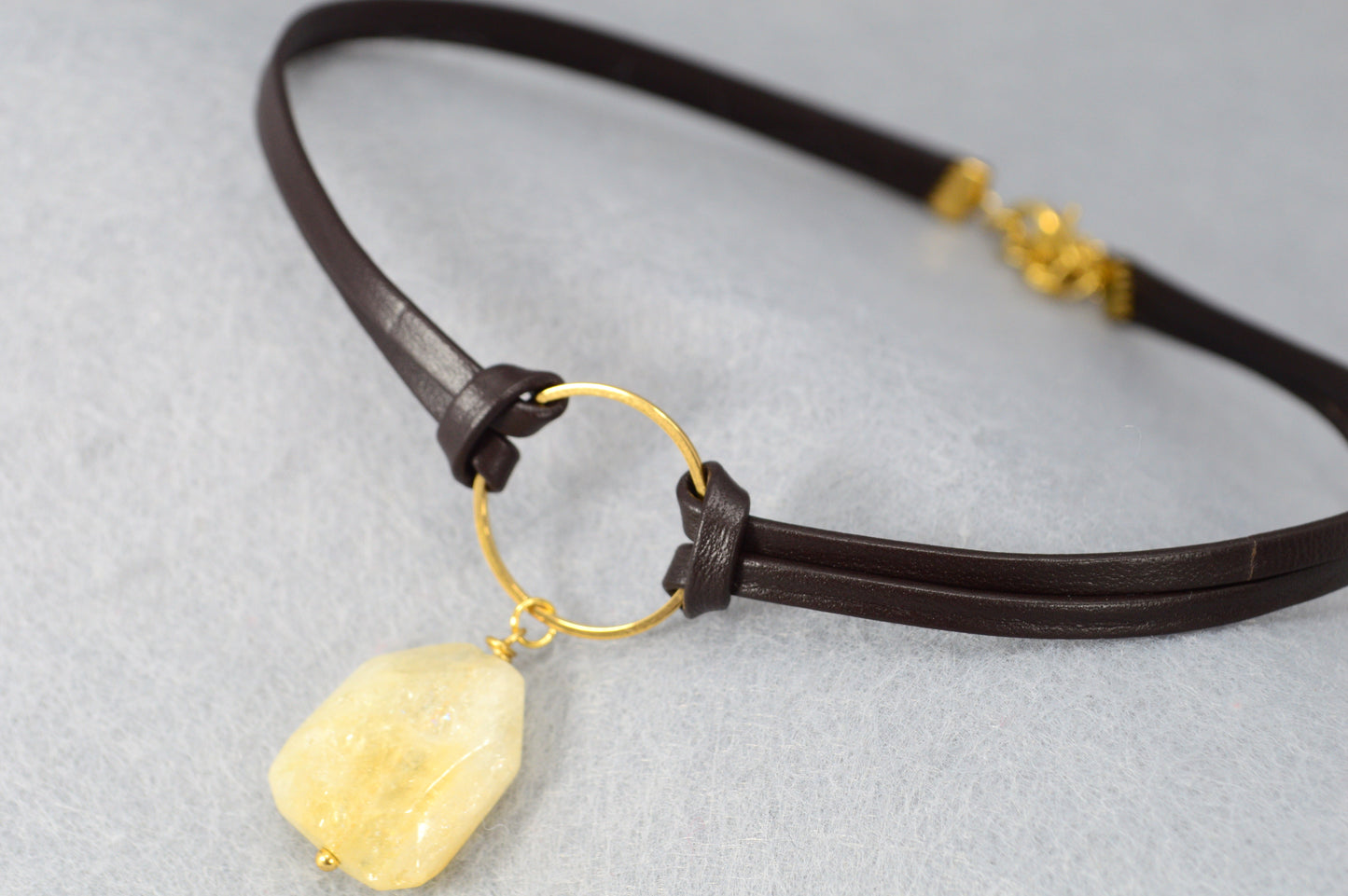 Boho Leather Choker Necklace – Gold Accents & Charms – Moon, Pearl, Citrine, Chili, Compass
