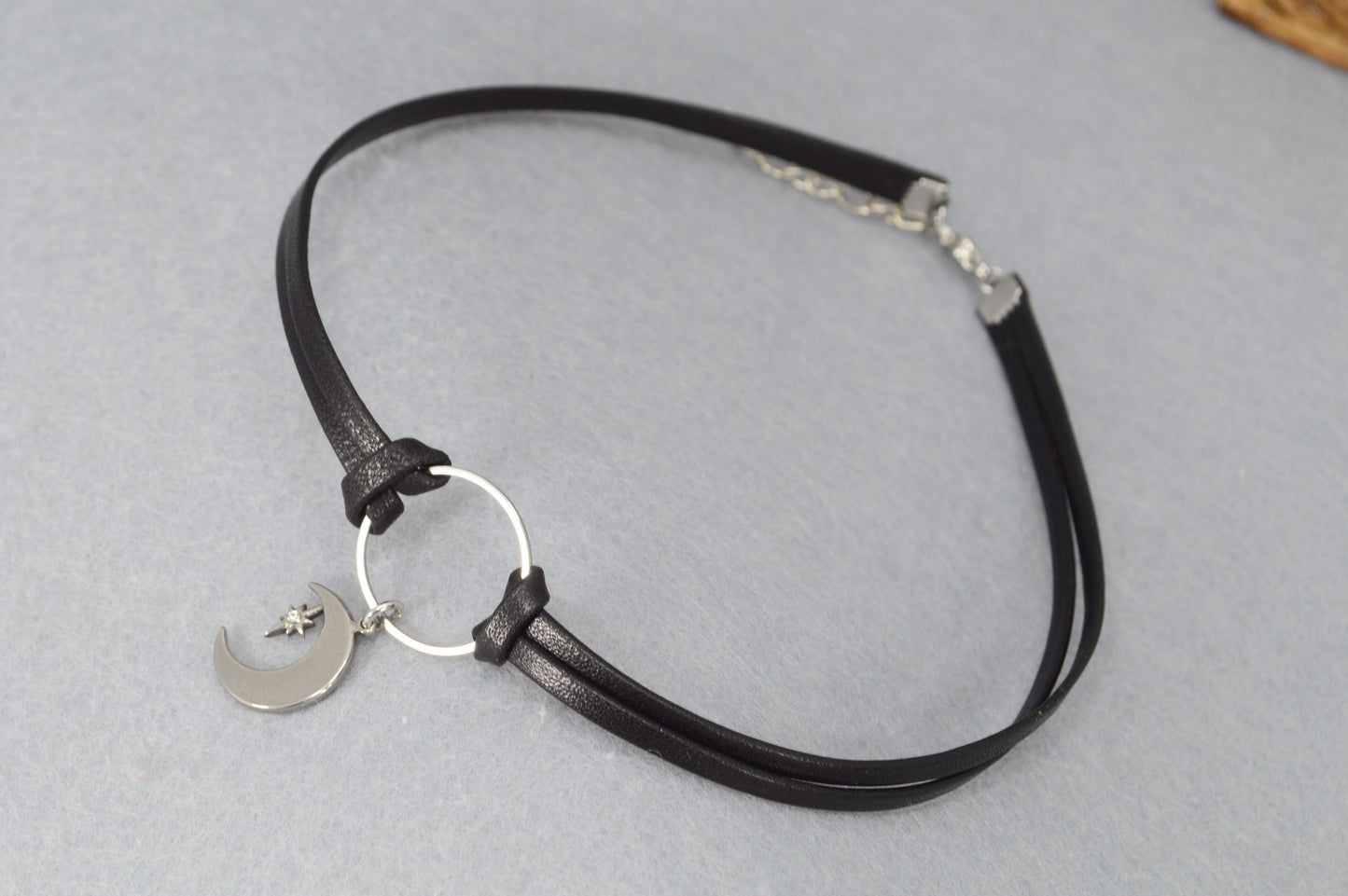 Minimalist Leather Choker Necklace – 5 Charm Options – Adjustable – Gothic, Punk, Boho, Pearl, Moon, Cross