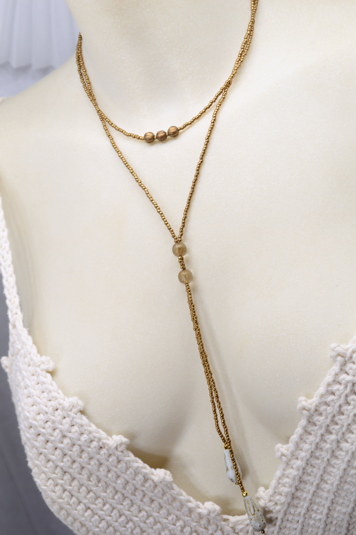 Gold Beaded Lariat Necklace with White Marble Glass Drops – Adjustable Minimalist Y Necklace