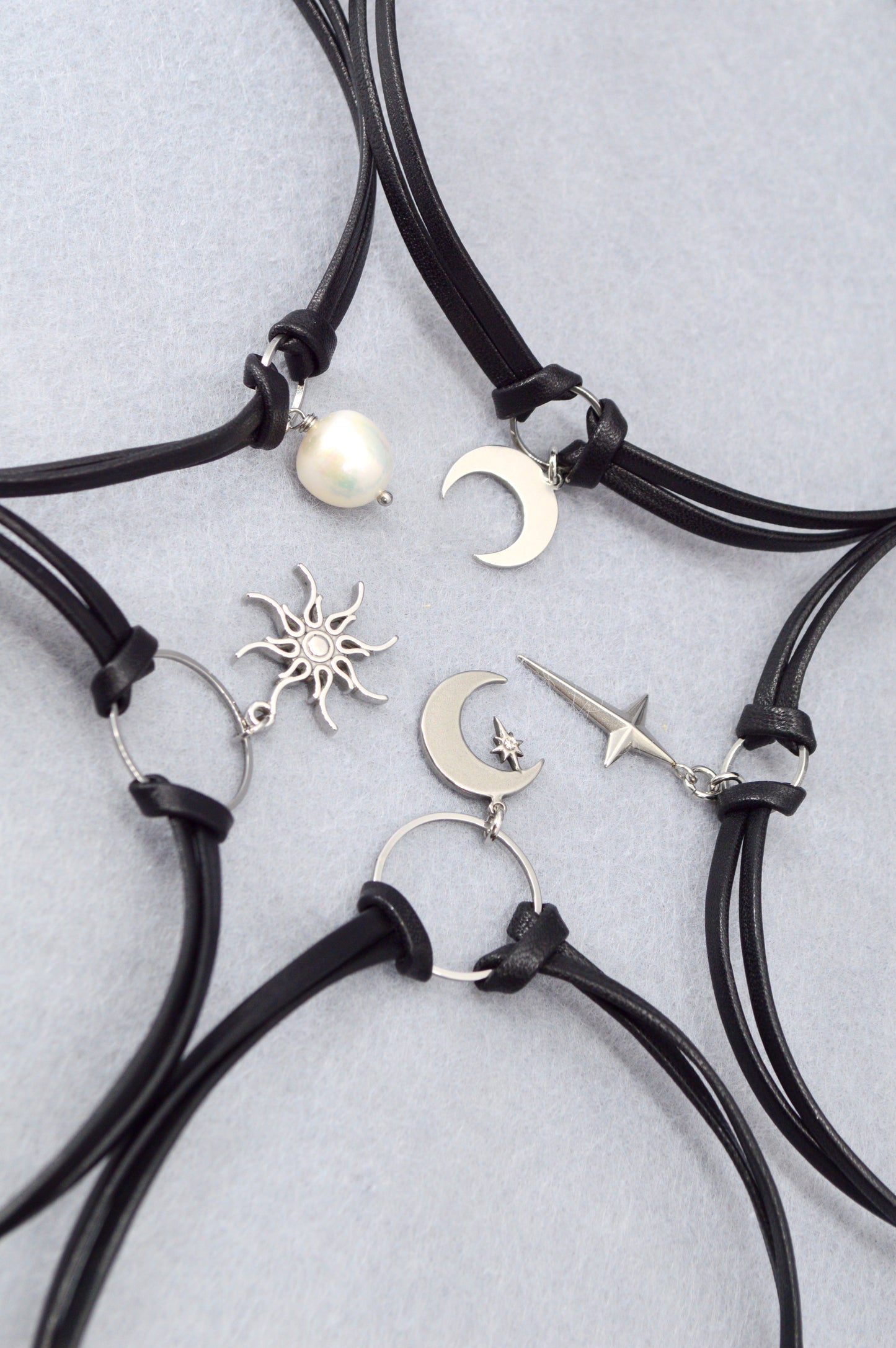 Minimalist Leather Choker Necklace – 5 Charm Options – Adjustable – Gothic, Punk, Boho, Pearl, Moon, Cross