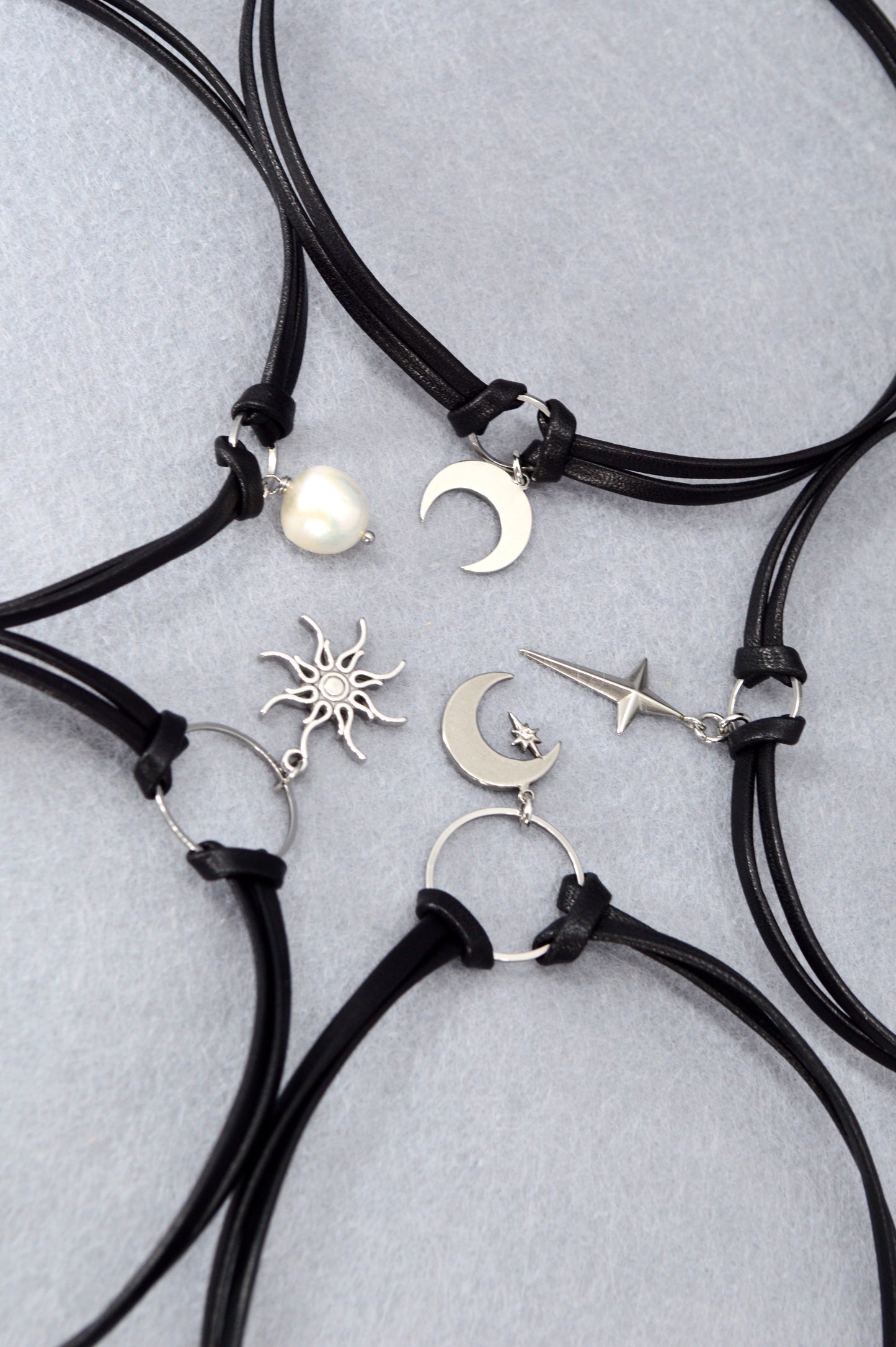 Minimalist Leather Choker Necklace – 5 Charm Options – Adjustable – Gothic, Punk, Boho, Pearl, Moon, Cross