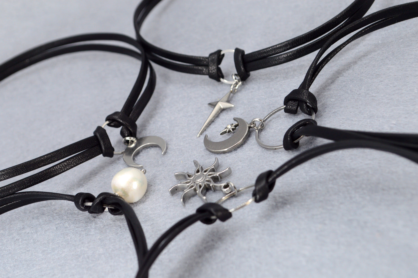 Minimalist Leather Choker Necklace – 5 Charm Options – Adjustable – Gothic, Punk, Boho, Pearl, Moon, Cross