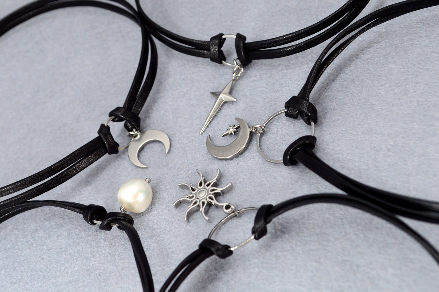 Minimalist Leather Choker Necklace – 5 Charm Options – Adjustable – Gothic, Punk, Boho, Pearl, Moon, Cross