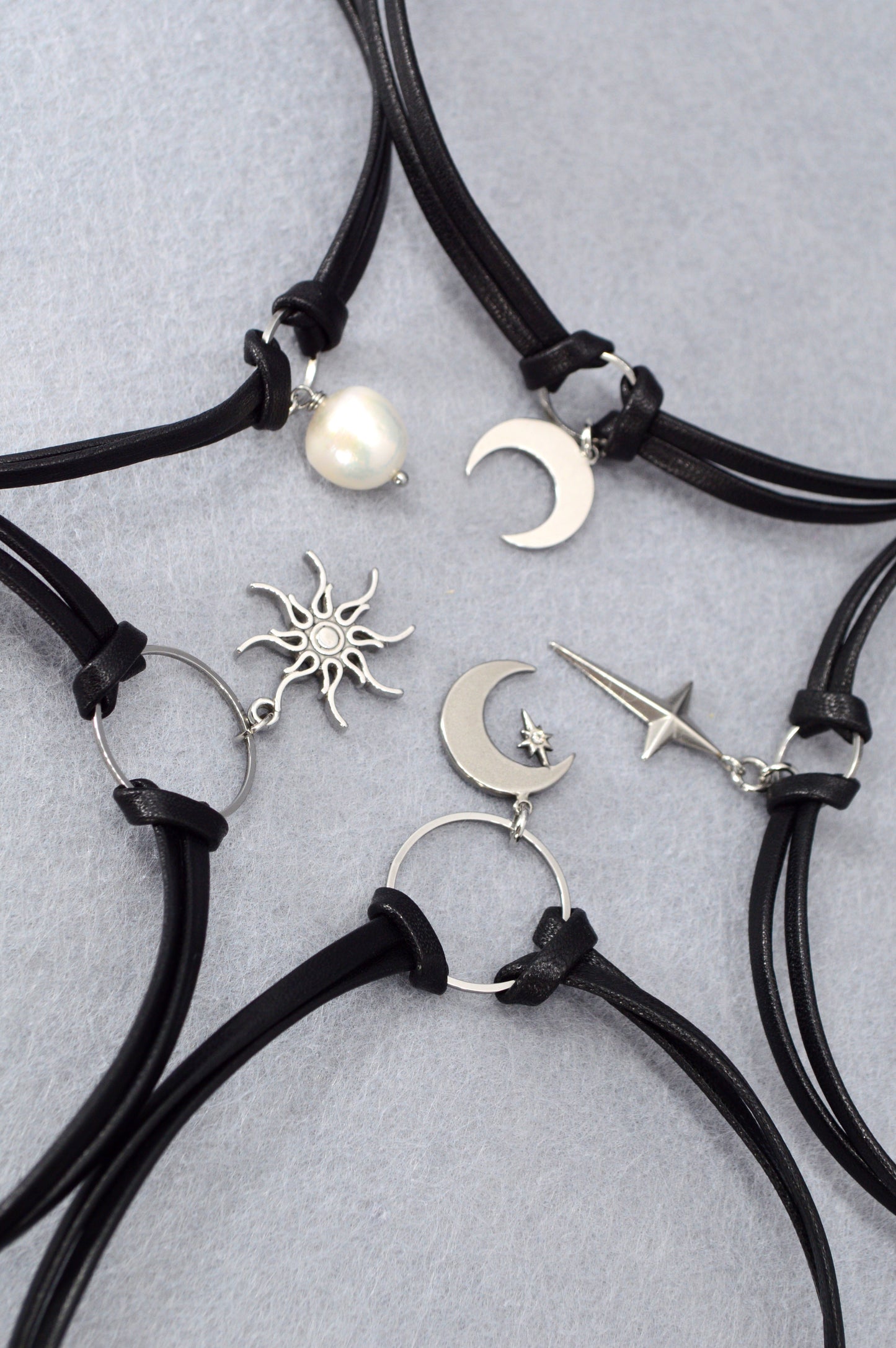 Minimalist Leather Choker Necklace – 5 Charm Options – Adjustable – Gothic, Punk, Boho, Pearl, Moon, Cross