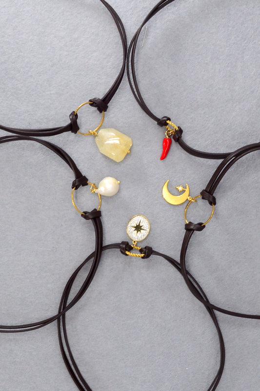 Boho Leather Choker Necklace – Gold Accents & Charms – Moon, Pearl, Citrine, Chili, Compass