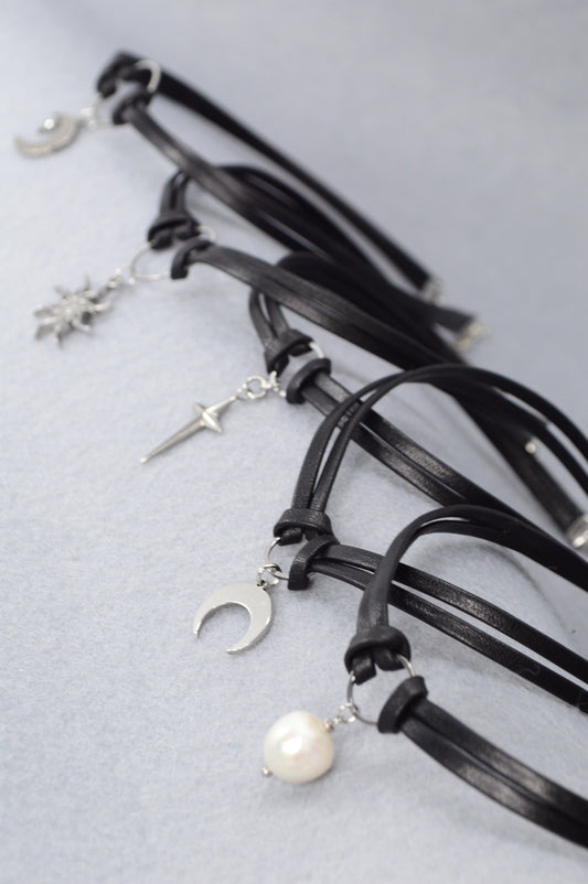 Minimalist Leather Choker Necklace – 5 Charm Options – Adjustable – Gothic, Punk, Boho, Pearl, Moon, Cross