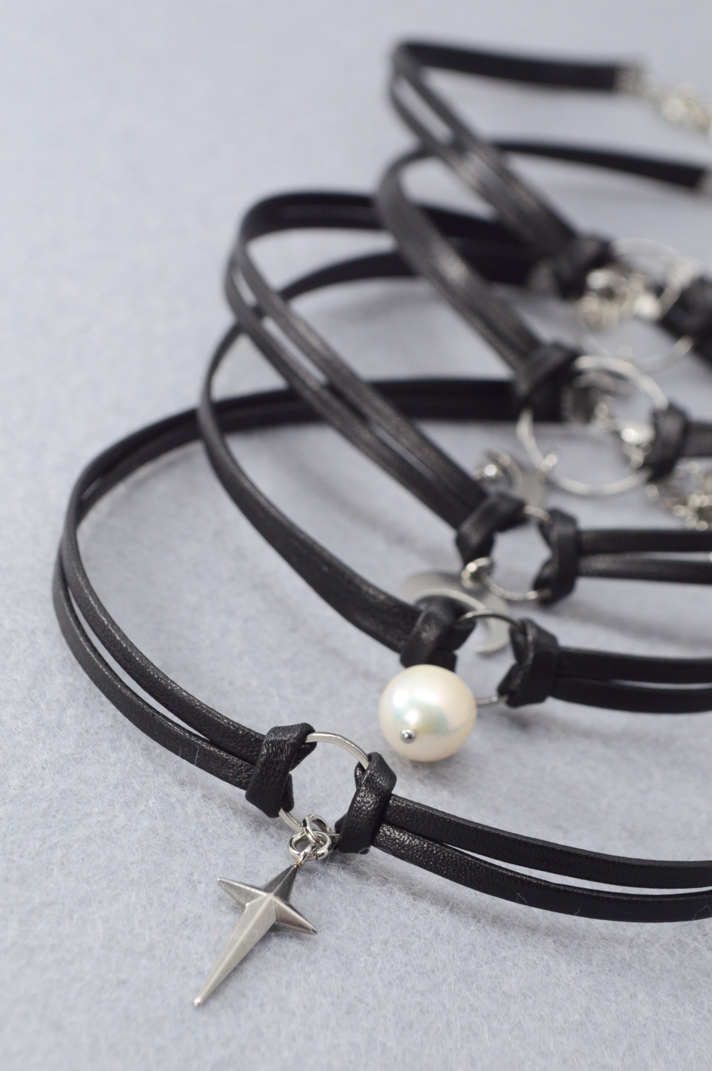 Minimalist Leather Choker Necklace – 5 Charm Options – Adjustable – Gothic, Punk, Boho, Pearl, Moon, Cross