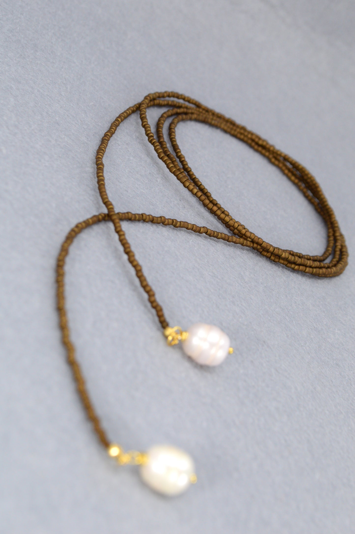 Boho Earthy & Green Beaded Lariat Necklaces – Handmade Wrap Y Necklace with Freshwater Pearls – Picasso Green, Moss, Gold, Transparent Gold, Earth Brown, Turquoise Picasso, Peach
