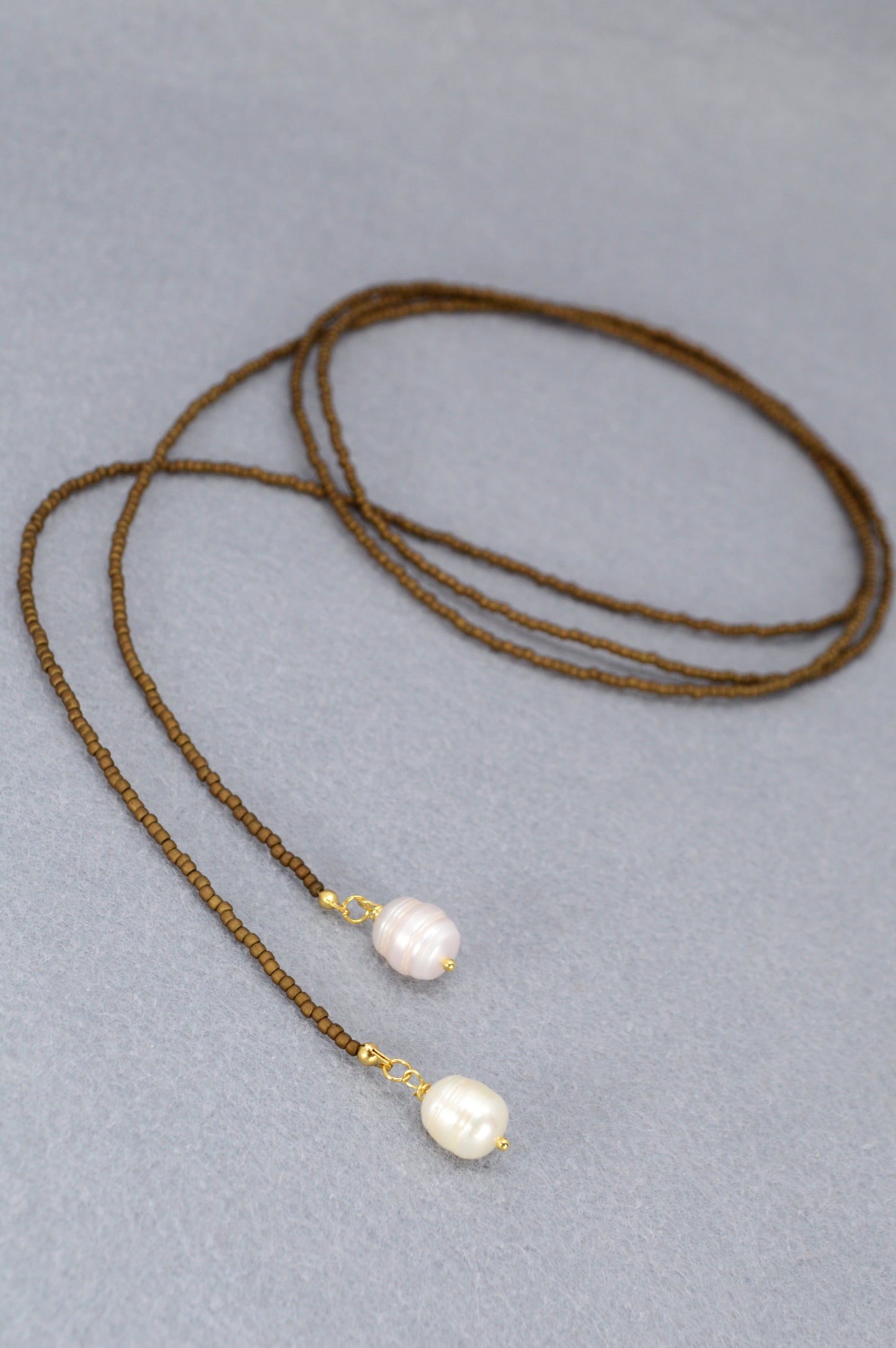 Boho Earthy & Green Beaded Lariat Necklaces – Handmade Wrap Y Necklace with Freshwater Pearls – Picasso Green, Moss, Gold, Transparent Gold, Earth Brown, Turquoise Picasso, Peach