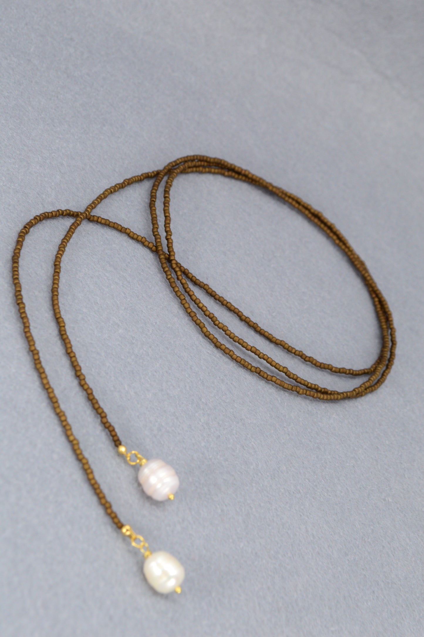 Boho Earthy & Green Beaded Lariat Necklaces – Handmade Wrap Y Necklace with Freshwater Pearls – Picasso Green, Moss, Gold, Transparent Gold, Earth Brown, Turquoise Picasso, Peach