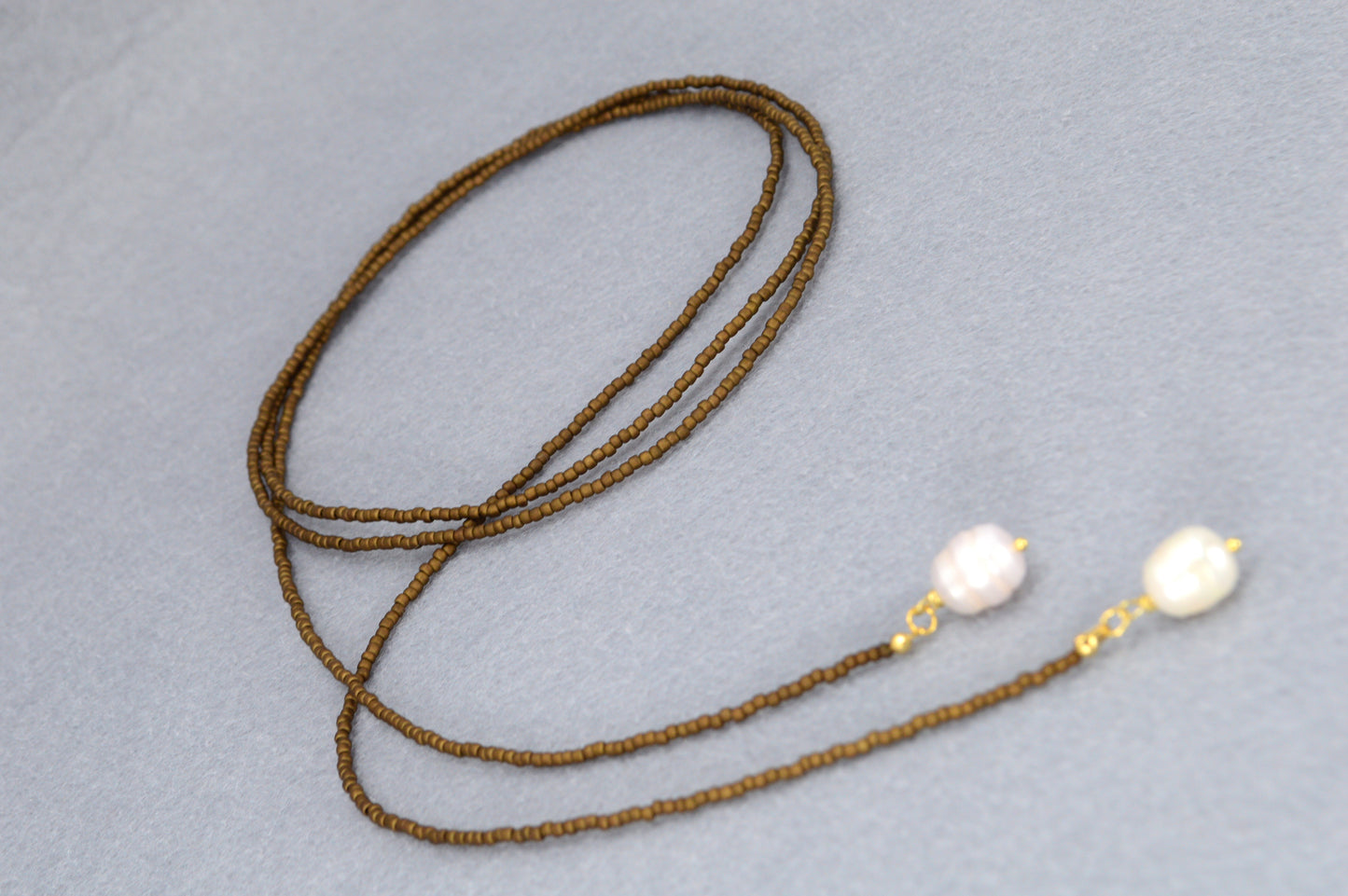 Boho Earthy & Green Beaded Lariat Necklaces – Handmade Wrap Y Necklace with Freshwater Pearls – Picasso Green, Moss, Gold, Transparent Gold, Earth Brown, Turquoise Picasso, Peach