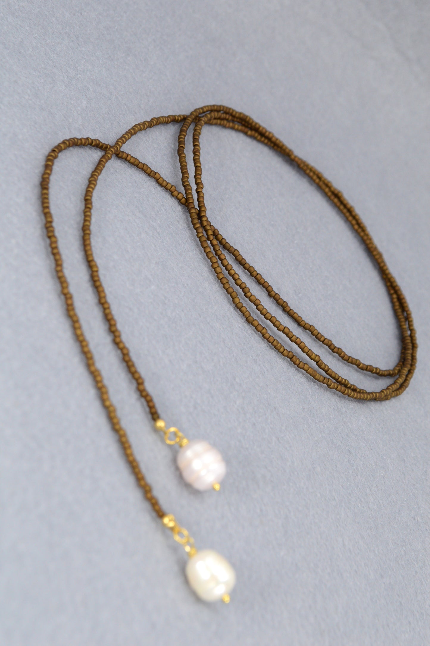 Boho Earthy & Green Beaded Lariat Necklaces – Handmade Wrap Y Necklace with Freshwater Pearls – Picasso Green, Moss, Gold, Transparent Gold, Earth Brown, Turquoise Picasso, Peach