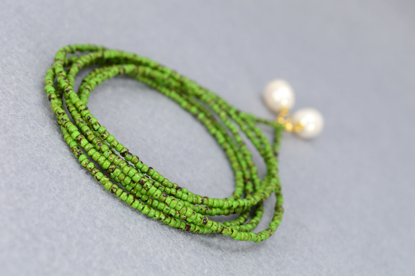 Boho Earthy & Green Beaded Lariat Necklaces – Handmade Wrap Y Necklace with Freshwater Pearls – Picasso Green, Moss, Gold, Transparent Gold, Earth Brown, Turquoise Picasso, Peach