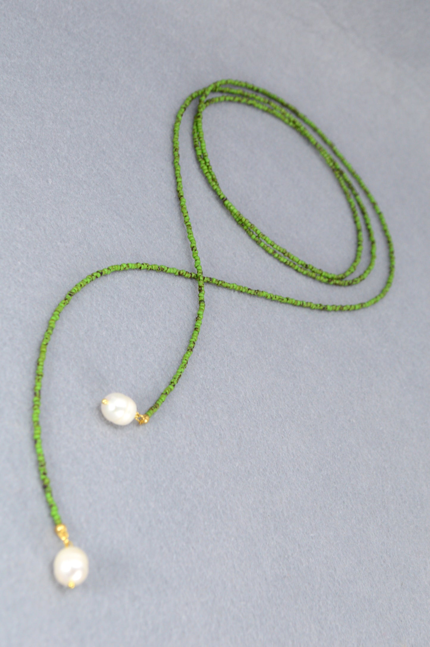 Boho Earthy & Green Beaded Lariat Necklaces – Handmade Wrap Y Necklace with Freshwater Pearls – Picasso Green, Moss, Gold, Transparent Gold, Earth Brown, Turquoise Picasso, Peach