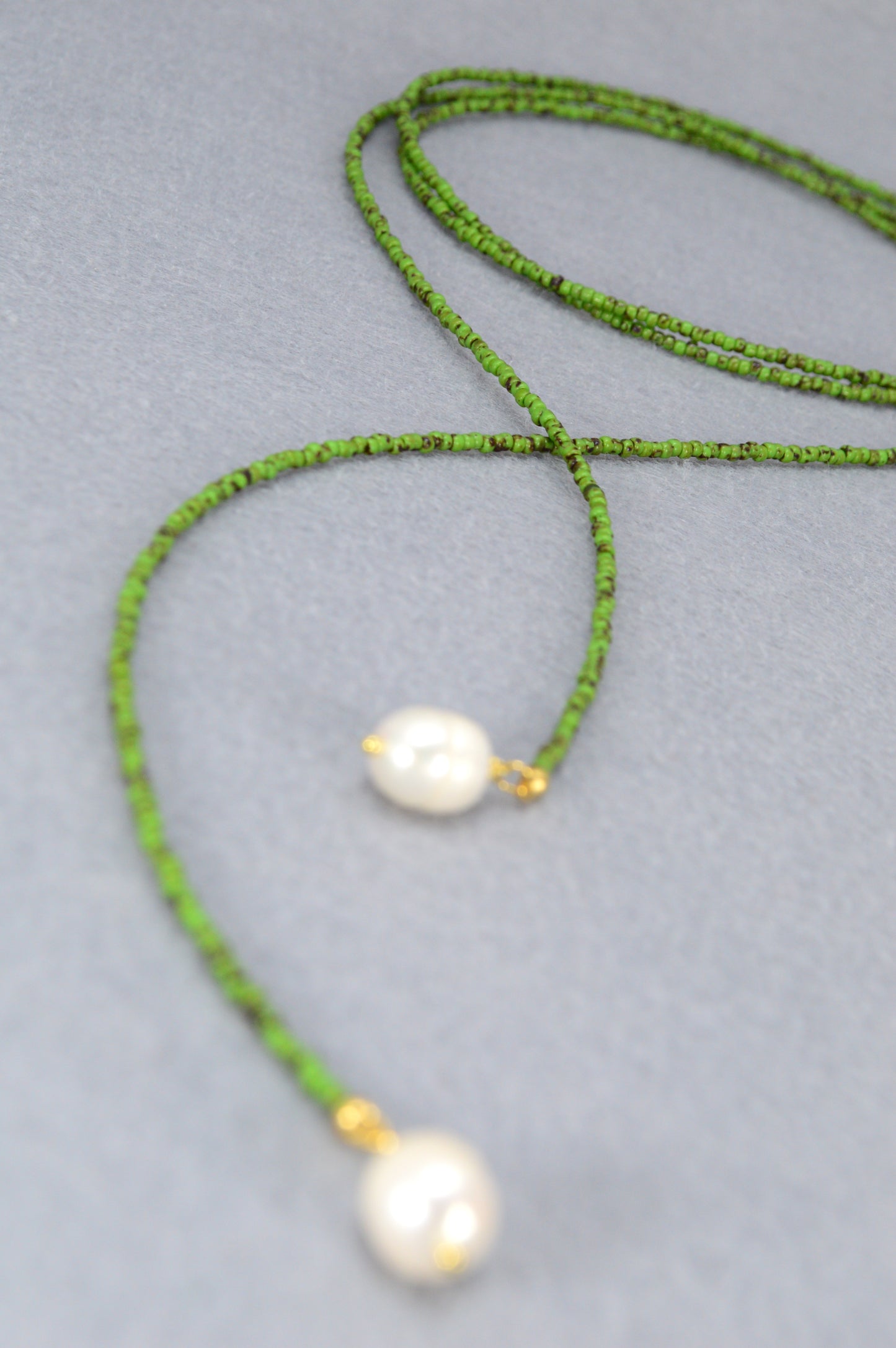 Boho Earthy & Green Beaded Lariat Necklaces – Handmade Wrap Y Necklace with Freshwater Pearls – Picasso Green, Moss, Gold, Transparent Gold, Earth Brown, Turquoise Picasso, Peach