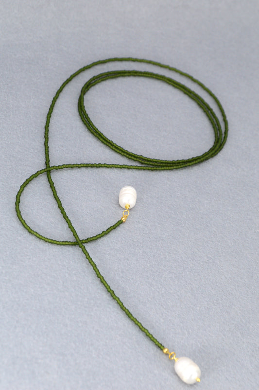 Boho Earthy & Green Beaded Lariat Necklaces – Handmade Wrap Y Necklace with Freshwater Pearls – Picasso Green, Moss, Gold, Transparent Gold, Earth Brown, Turquoise Picasso, Peach