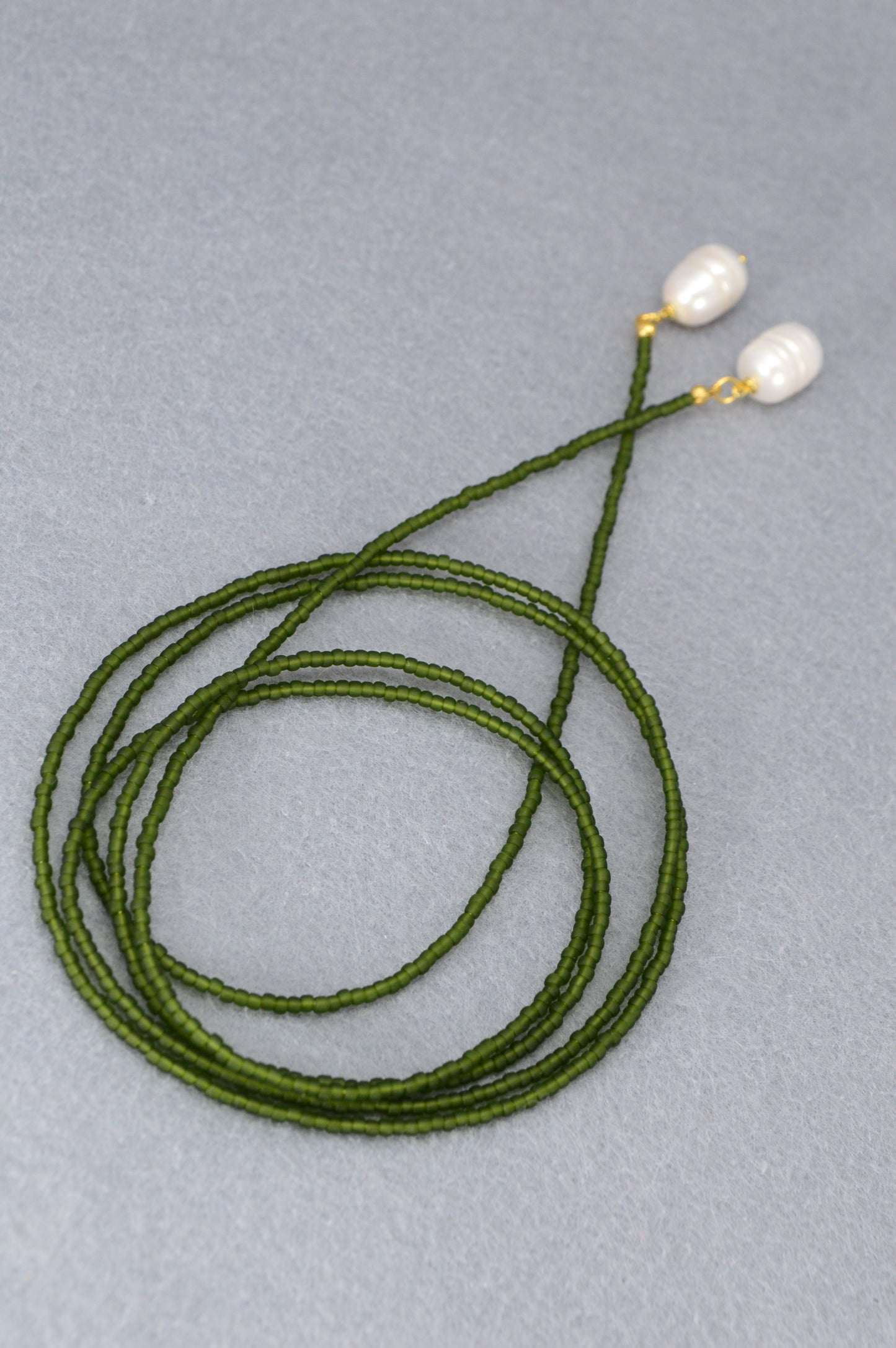 Boho Earthy & Green Beaded Lariat Necklaces – Handmade Wrap Y Necklace with Freshwater Pearls – Picasso Green, Moss, Gold, Transparent Gold, Earth Brown, Turquoise Picasso, Peach