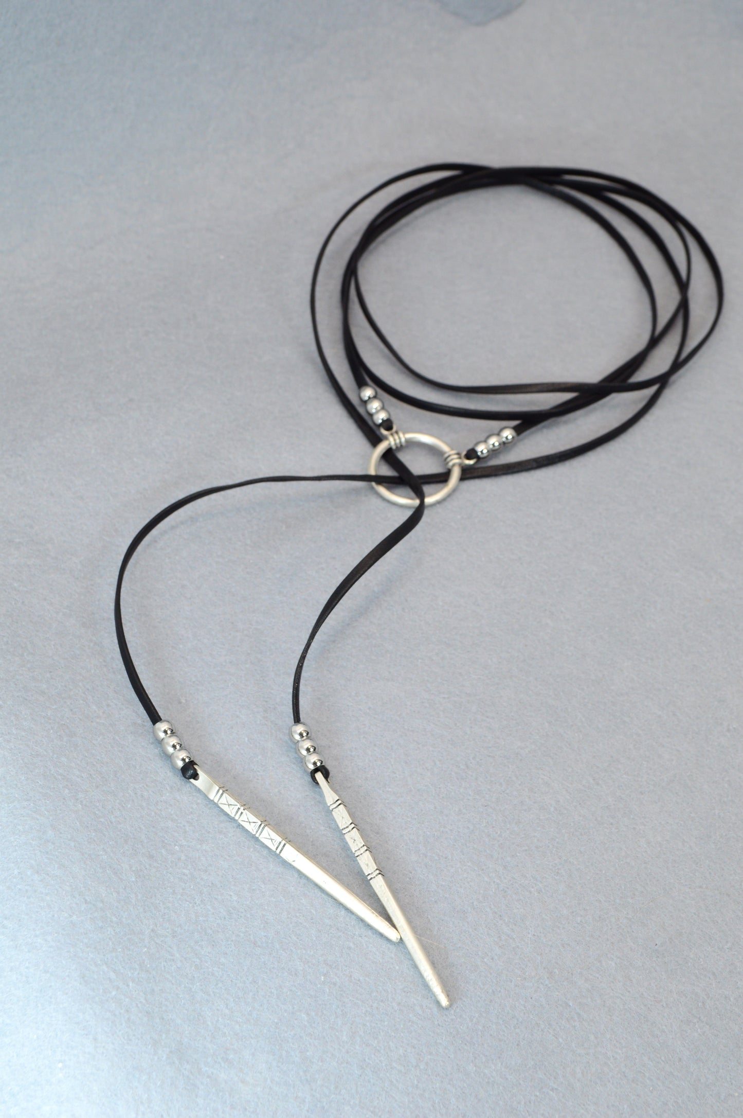 Black Leather Choker Necklace with Silver Ring – Adjustable Wrap, Boho Punk Gothic Minimalist Statement Jewelry, Unisex Trend Fall 2025
