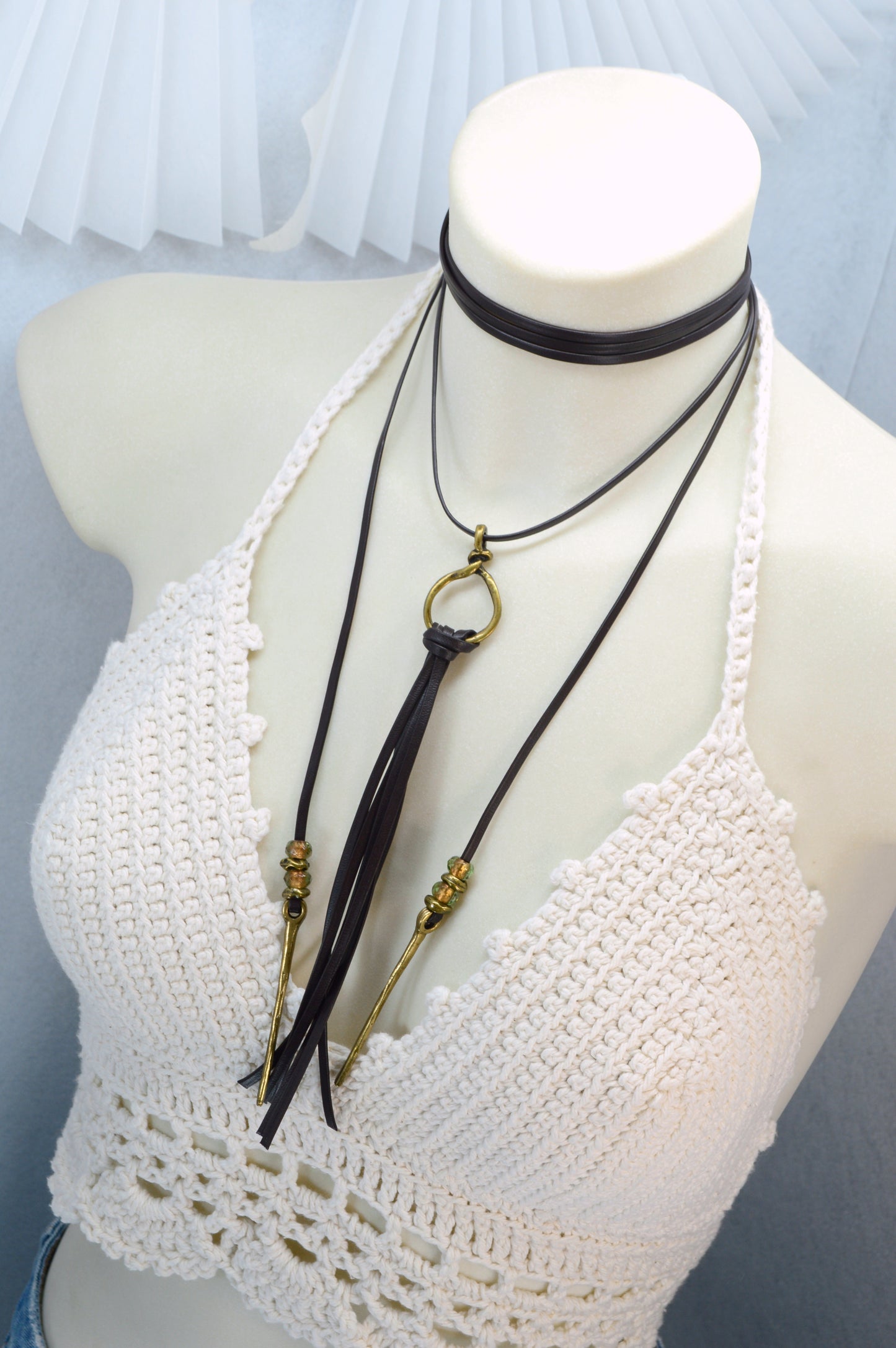 Long Leather Tassel Necklace – Boho Festival Jewelry with Vintage Brass & Glass Beads – Statement Wrap Necklace, Western Boho Rock Style