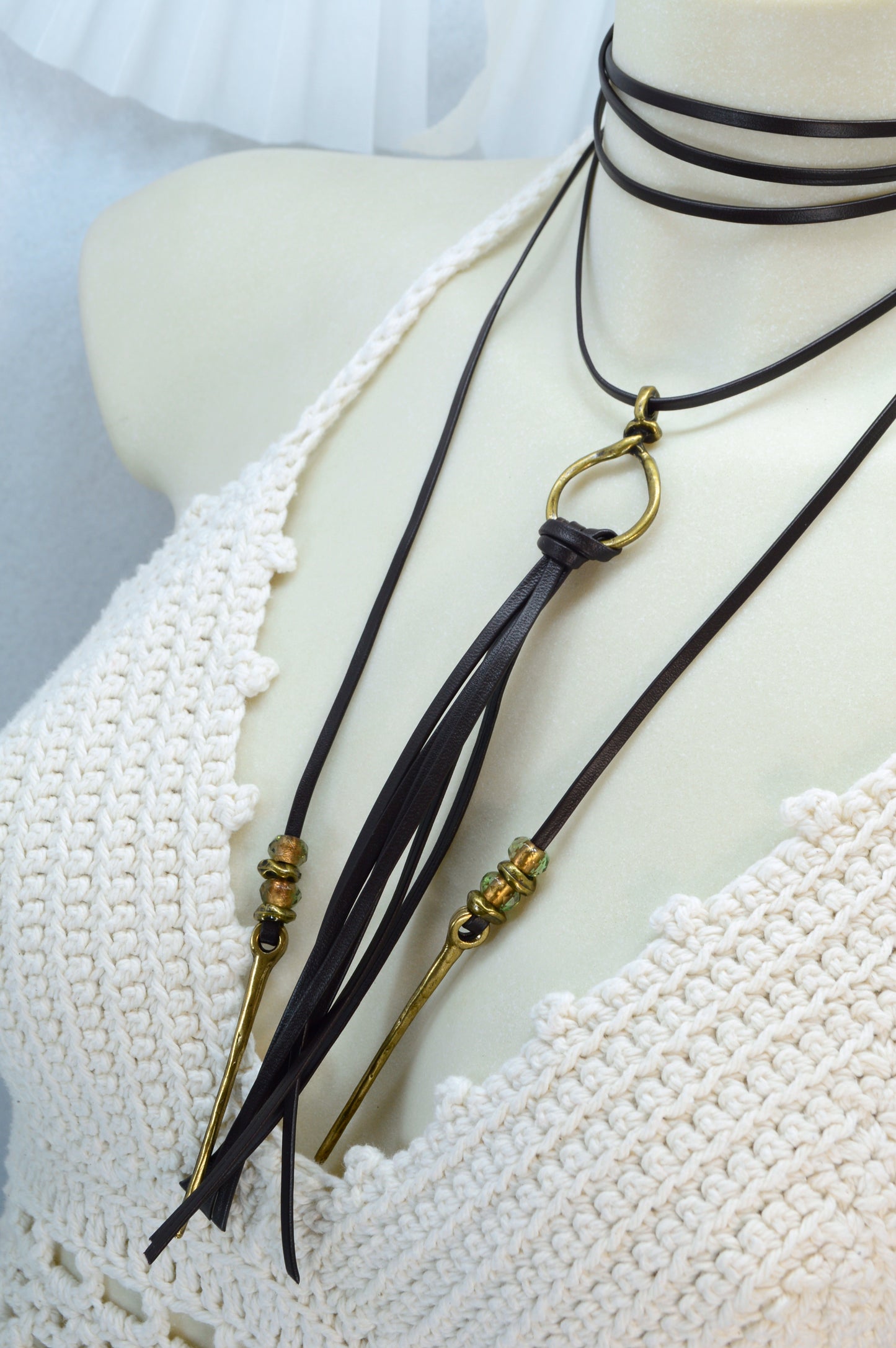 Long Leather Tassel Necklace – Boho Festival Jewelry with Vintage Brass & Glass Beads – Statement Wrap Necklace, Western Boho Rock Style