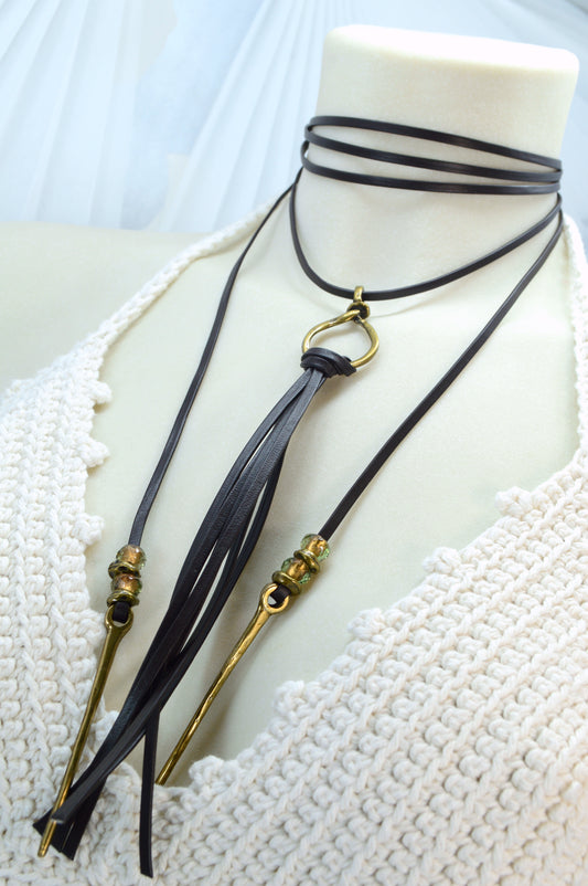 Long Leather Tassel Necklace – Boho Festival Jewelry with Vintage Brass & Glass Beads – Statement Wrap Necklace, Western Boho Rock Style