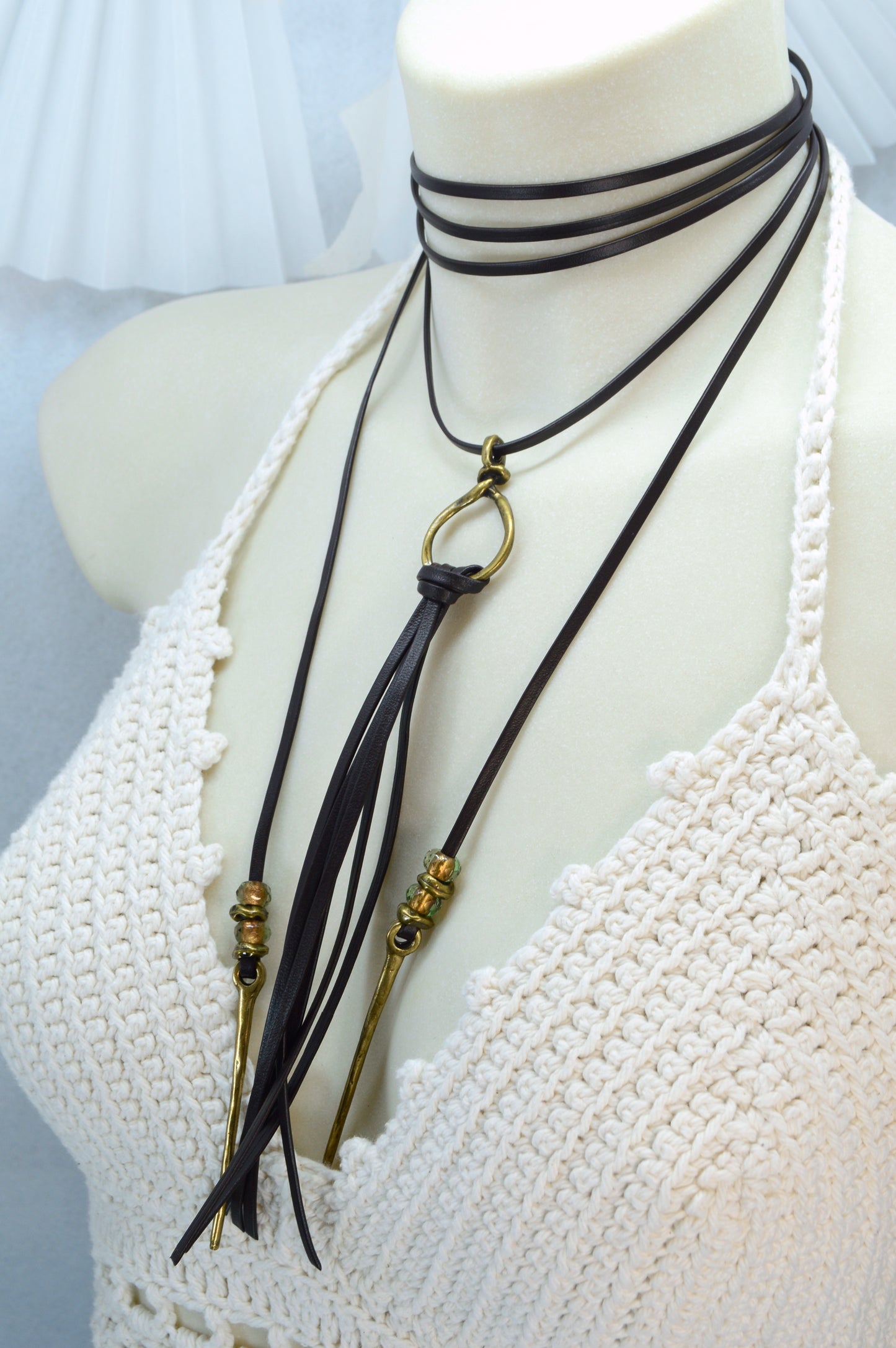 Long Leather Tassel Necklace – Boho Festival Jewelry with Vintage Brass & Glass Beads – Statement Wrap Necklace, Western Boho Rock Style